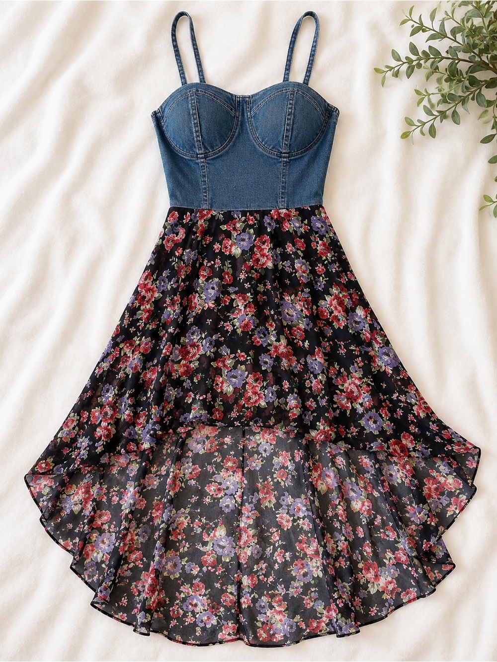 balera Black Floral High-Low Dress with Denim Bodice